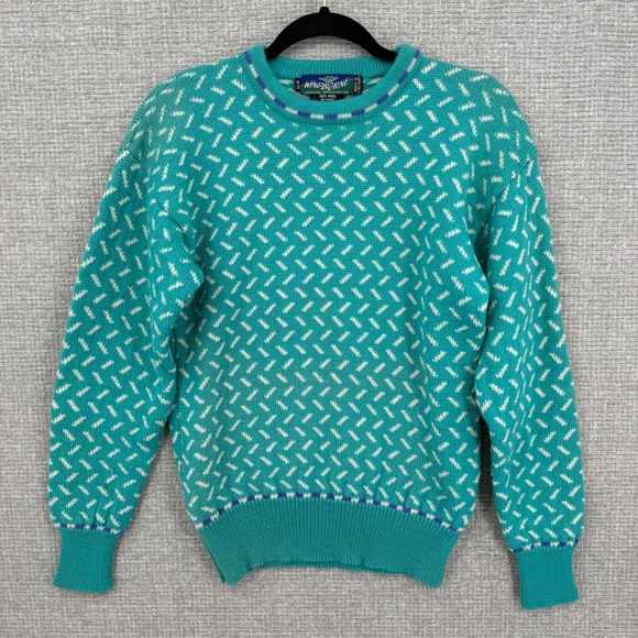 Windborne Sweaters - Vintage Windborne Sweater Women M Wool Teal White Geometric Knit Boho Country